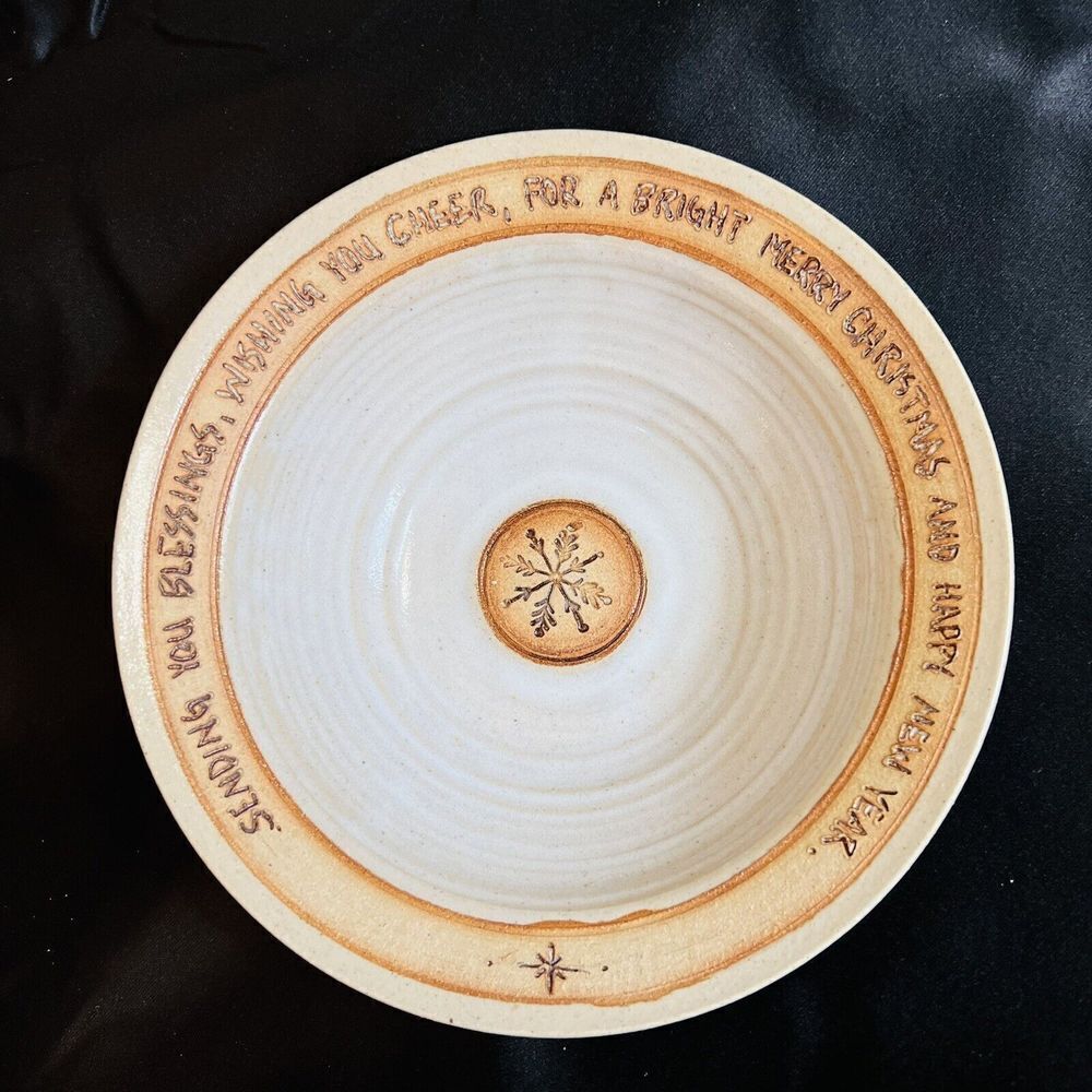 Exquisite Stoneware Studio Art Pottery Large Bowl Signed Christmas Blessing OOAK